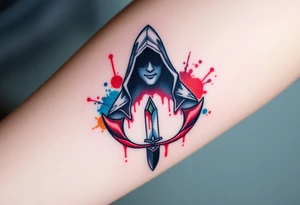 Assassins Creed emblem with hooded character, NO FACE, with blood splashes and a sword tattoo idea