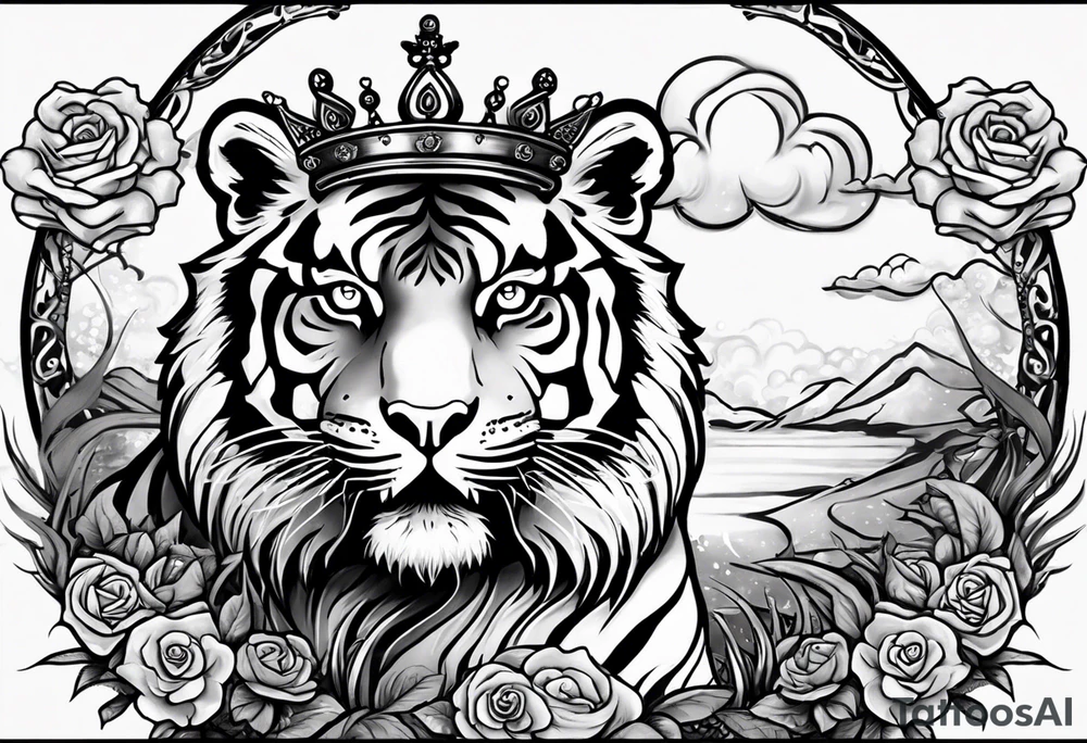 A full sleeve tiger with a crown and third eye with a hour glass instead the hour glass brain cover in in clouds and a heart cover in grass and roots with roses and smoke all over the arm tattoo idea