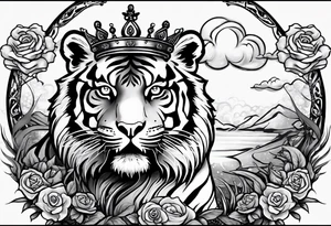 A full sleeve tiger with a crown and third eye with a hour glass instead the hour glass brain cover in in clouds and a heart cover in grass and roots with roses and smoke all over the arm tattoo idea