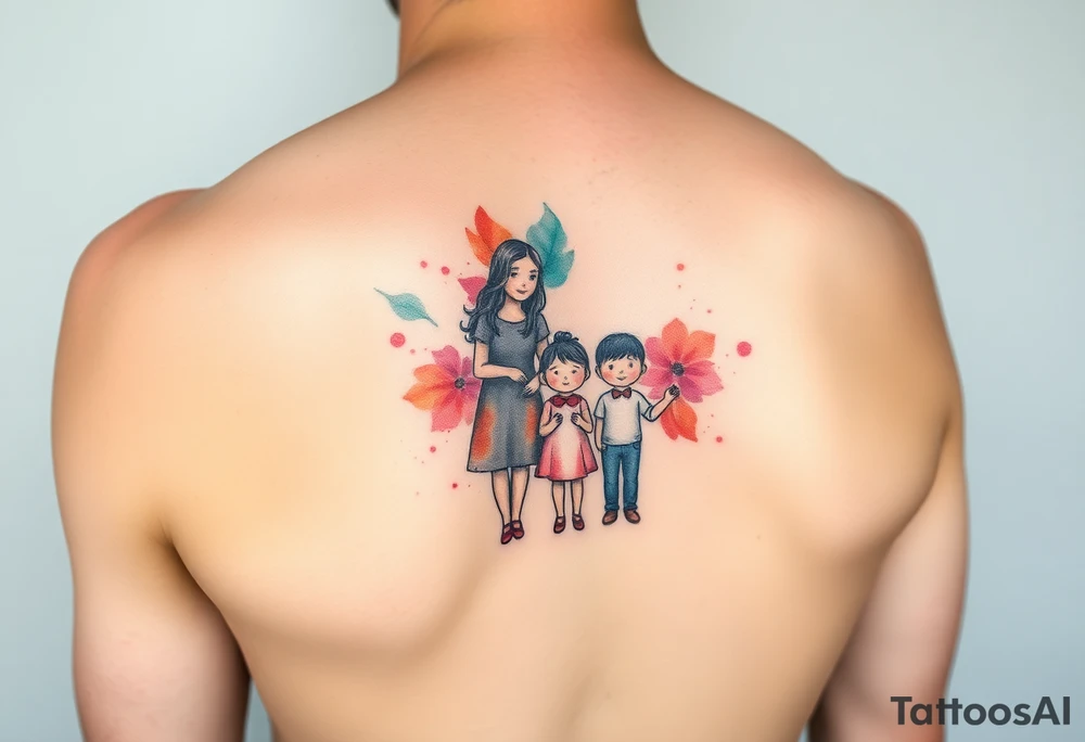 Family 2 parents 2 kids with colour around the caracters and empty caracters tattoo idea