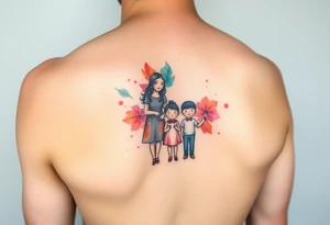 Family 2 parents 2 kids with colour around the caracters and empty caracters tattoo idea