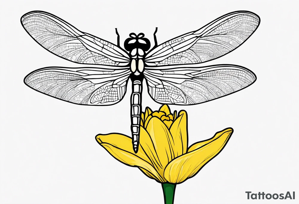 A minimalist mini size dragonfly perched on a daffodil flower. Let the daffodil flower be minimalist and have yellow lines. Let the stem of the flower extend downwards and instead of the stem write "muadil" in cursive tattoo idea