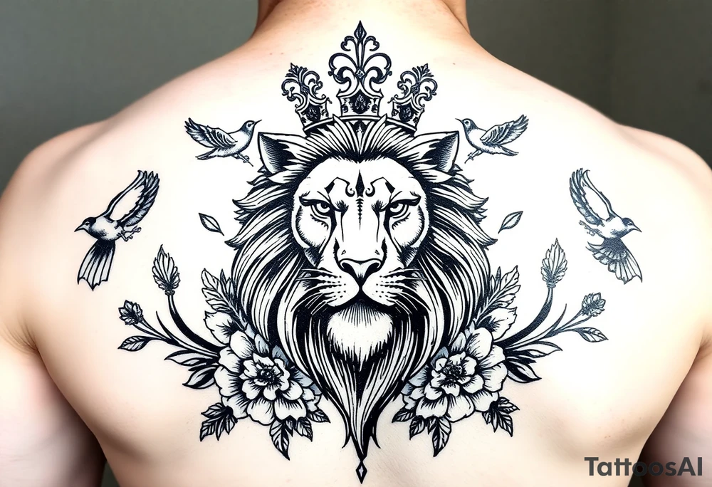 powerful majestic lion with a crown, surrounded by floral ornaments and birds tattoo idea