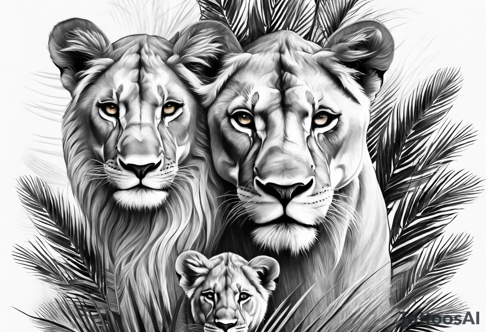 lioness and cub sun palm tree tattoo idea