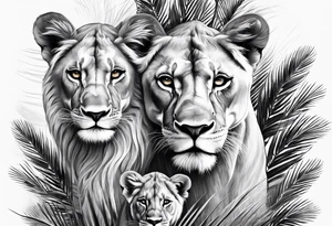 lioness and cub sun palm tree tattoo idea