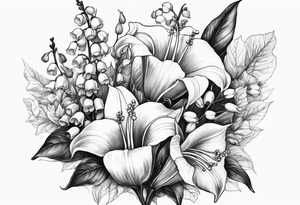 half sleeve on forearm of plants, specifically lily of the valley, bleeding heart, and angel trumpet tattoo idea