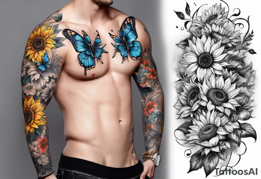 Sleeve with butterflies and sunflowers tattoo idea