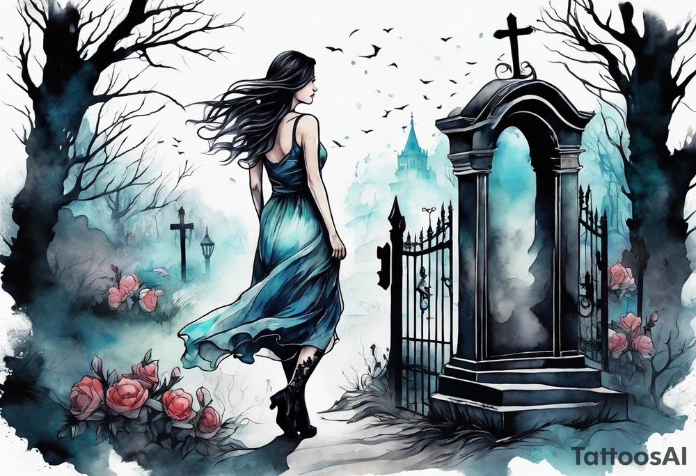 Woman walking out of a graveyard  leaving her old terrifying past behind her ethereal and mysterious tattoo idea