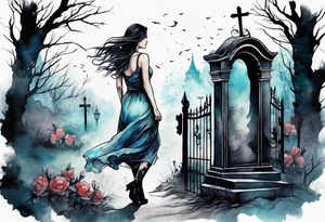 Woman walking out of a graveyard  leaving her old terrifying past behind her ethereal and mysterious tattoo idea