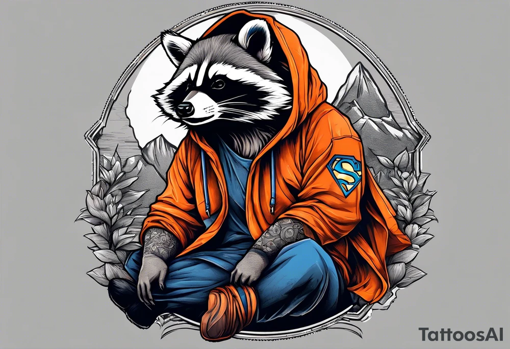 Raccoon wearing an orange Superman hoodie tattoo idea