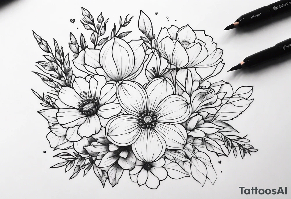 fine line flower bouquet tattoo idea