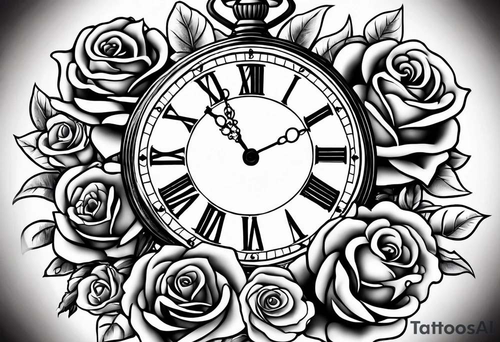 Pocket watch with chain and roses tattoo idea