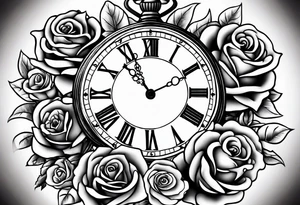 Pocket watch with chain and roses tattoo idea