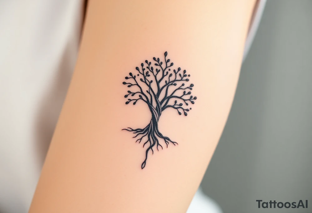 A delicate Amity tree with intertwining roots, shaped into a heart, symbolizing peace and unity, representing sci fi movie Divergent tattoo idea