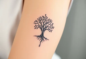 A delicate Amity tree with intertwining roots, shaped into a heart, symbolizing peace and unity, representing sci fi movie Divergent tattoo idea