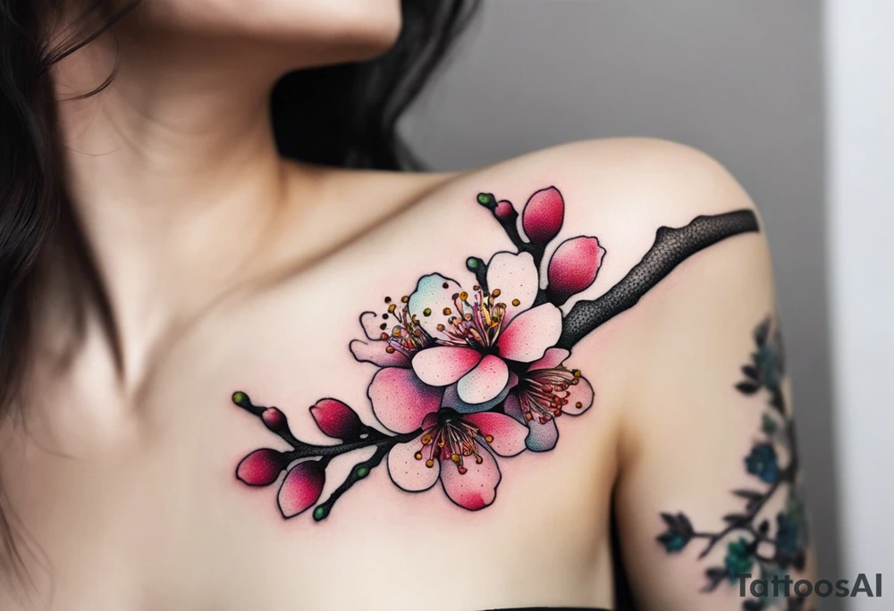 Shoulder tattoo of cherry blossom branch in rainbow colors tattoo idea