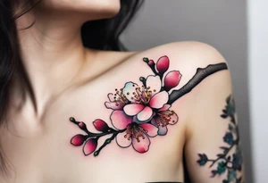Shoulder tattoo of cherry blossom branch in rainbow colors tattoo idea