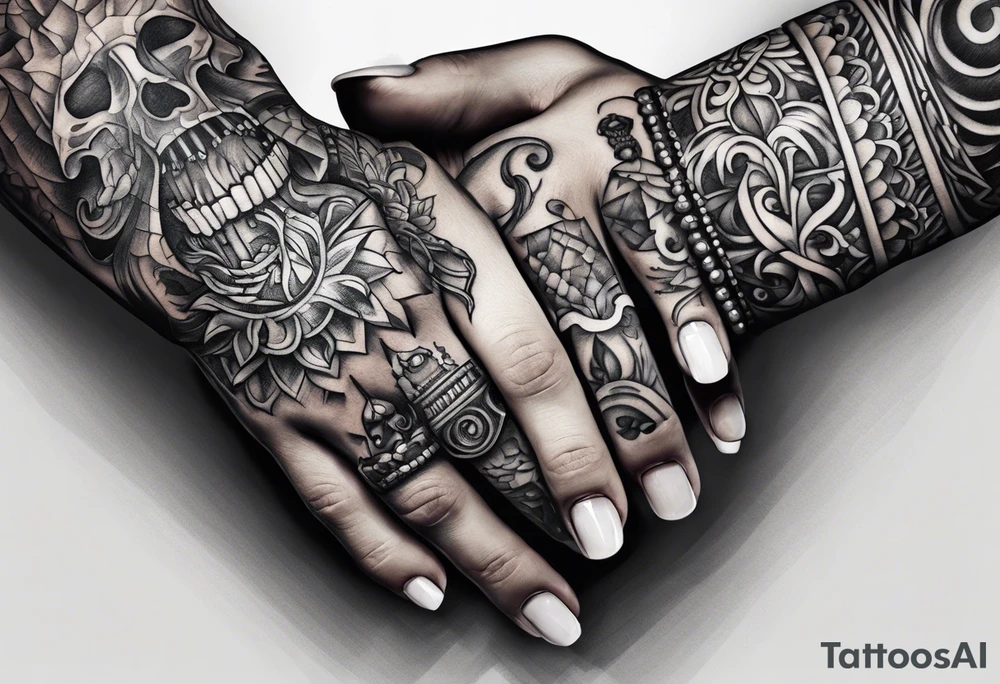 A human hand and a skeleton hand interlocking pointer fingers tattoo idea