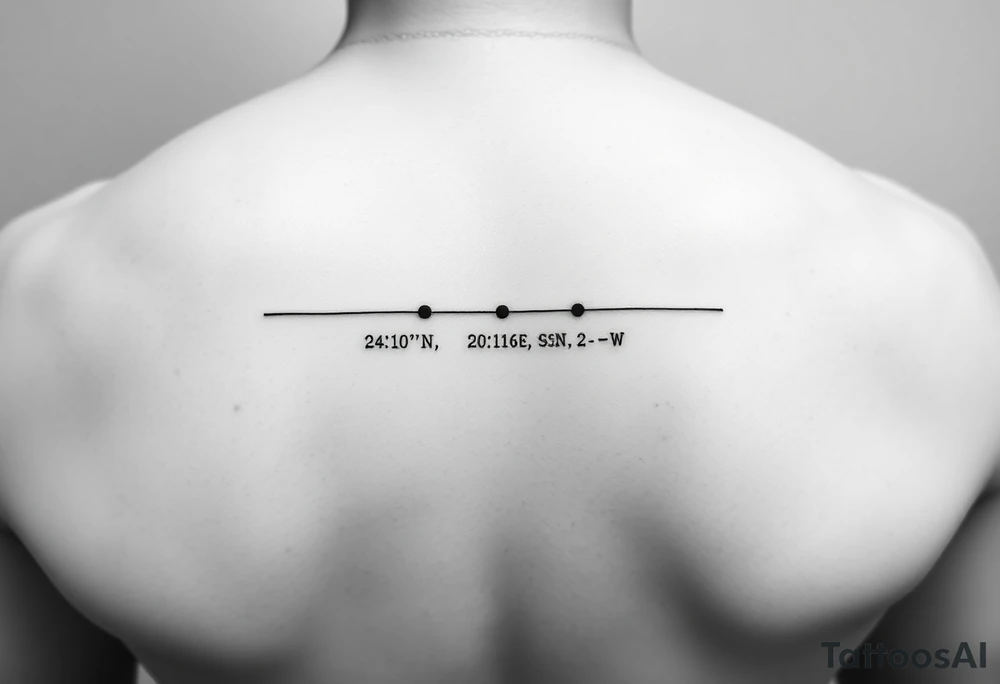 A minimal fine-line tattoo showing a straight, thin horizontal timeline with two small evenly spaced dots. Below the first dot, write the coordinates: "24°10′N, 20°16′E". Below the second dot, write: "53.4084°N, 2.9916°W". Above each coordinate, place a small circle or marker dot to signify key points. Beneath the entire timeline, add a single row of visual Morse code symbols using only dots (●) and dashes (—), arranged like this: — ● — ●   ● —   ● — ●   — — —   ● — ● ●   ● ●   — ● ●   ● — tattoo idea