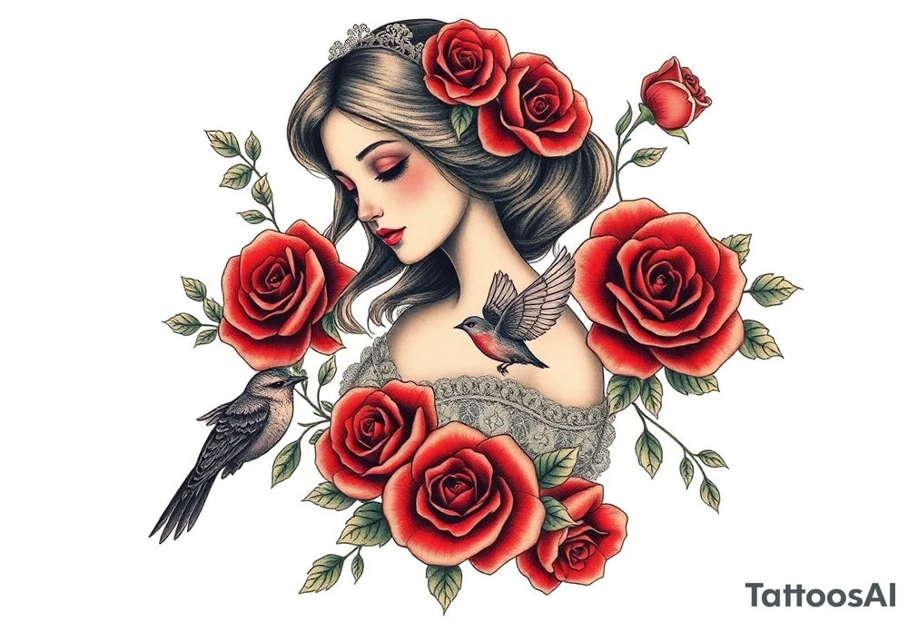 Vintage dollies, red roses, lace, red bird, vintage, wrap around tattoo idea