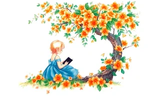 An orange tree full of flowers, a little blond girl wearing a blue dress sitting under it while reading. 


. tattoo idea