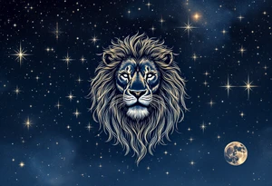 A golden Leo lion roars beneath a constellation of stars inked in shimmering white and navy blue on a galaxy-tinted sky. tattoo idea