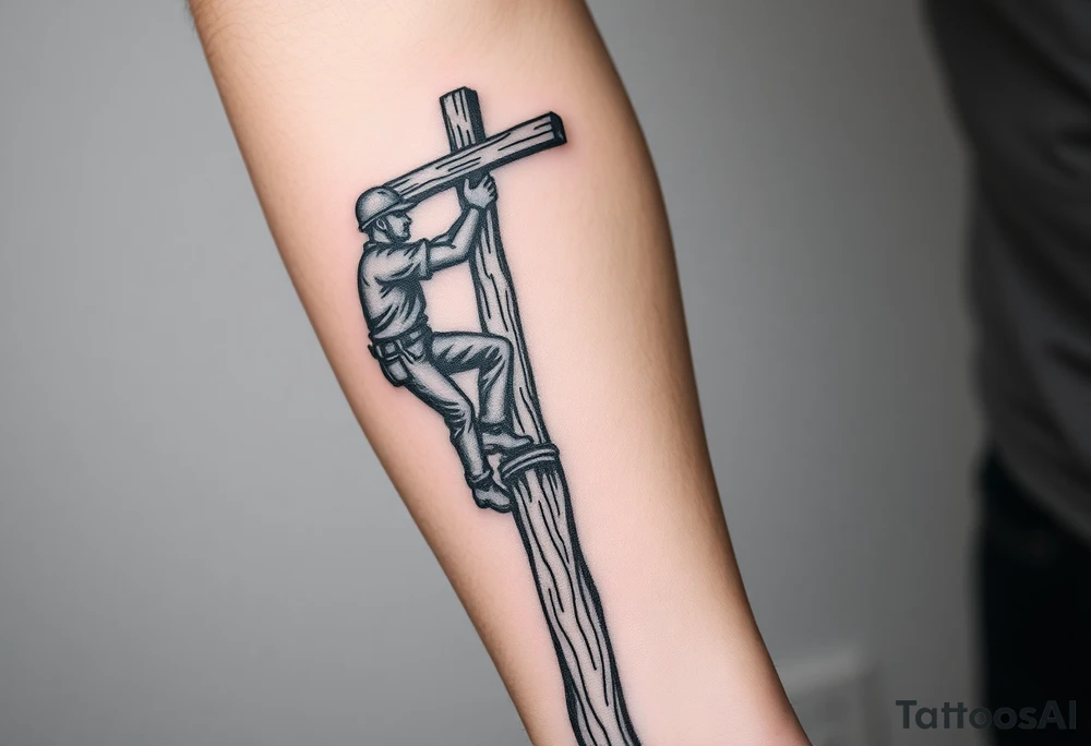 power lineman climbing a wooden 12kv pole. Make the pole a cross that has a hidden resemblance to god. tattoo idea