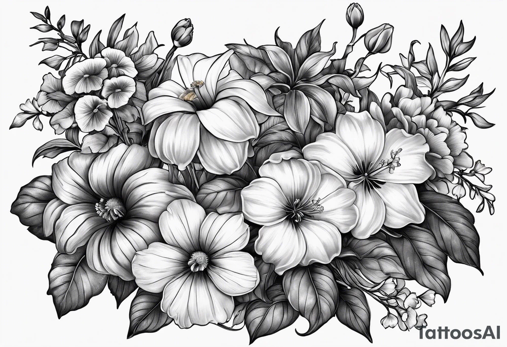 black and gray bunch of flowers with stems and leaves, three violets, one daffodil, five daisies, one rose, one morning glory, two marigolds, one chysanthemum tattoo idea