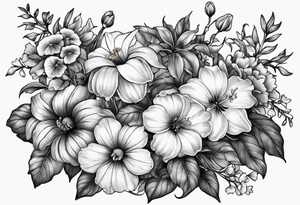 black and gray bunch of flowers with stems and leaves, three violets, one daffodil, five daisies, one rose, one morning glory, two marigolds, one chysanthemum tattoo idea