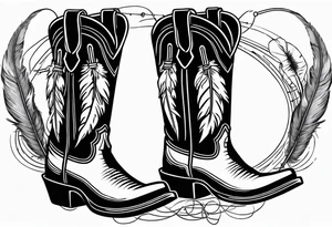Boots with barbed wire wrapped around and a Indian feather hanging off the wire cowboy hat hanging off the boots tattoo idea