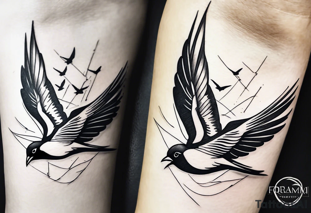 Design a forearm tattoo featuring a minimalist swallows in flight, symbolizing freedom and new beginnings tattoo idea