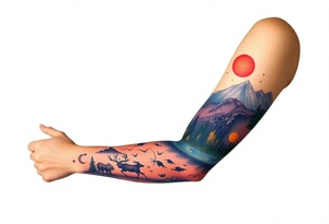 A full-sleeve with the Härjedalen landscape, reindeer, bear, lakes, mountains (Helags), tattoo idea