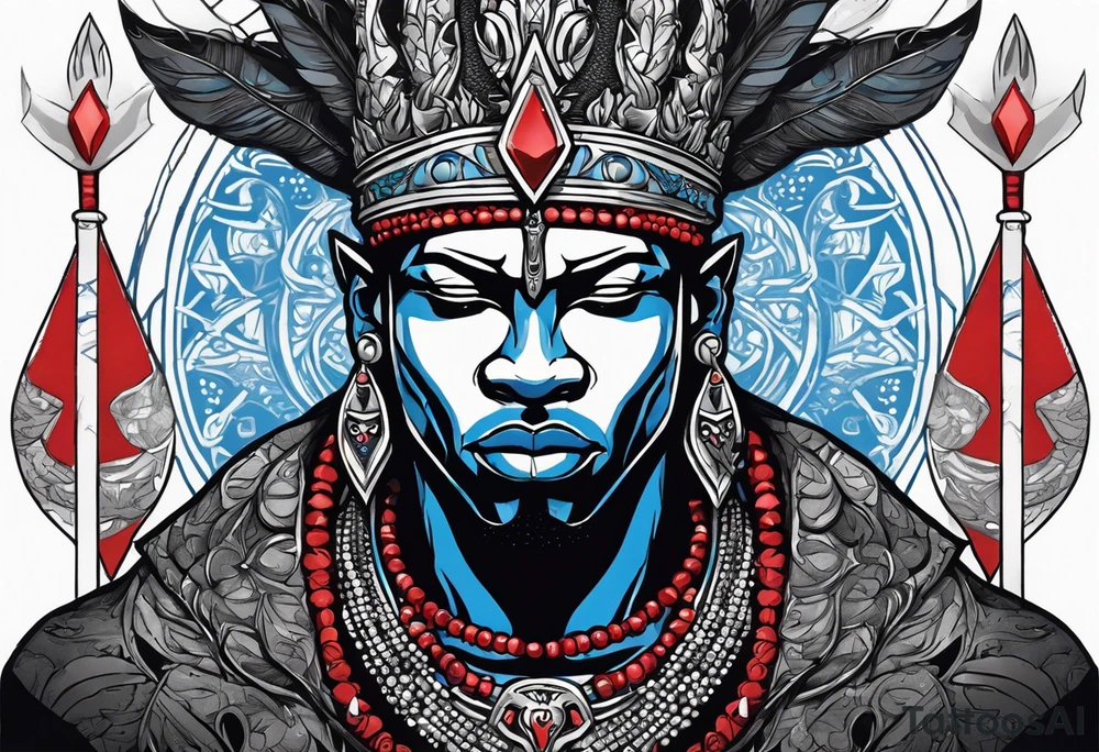 An african god, a bald black-skinned warrior, that uses a sword and a silver crown. He also uses blue and red necklaces tattoo idea