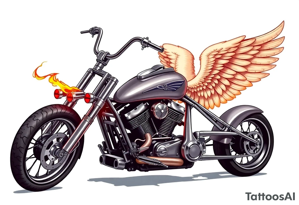 Low rider grey motorcycle, big muffler pipes with flames, angel wings, driving away, no person tattoo idea