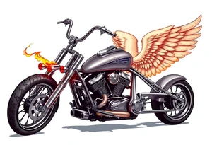 Low rider grey motorcycle, big muffler pipes with flames, angel wings, driving away, no person tattoo idea