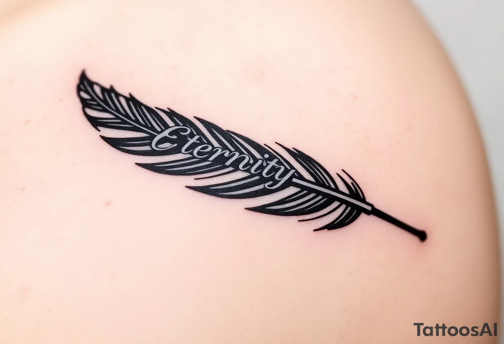 A sleek monochrome feather in black ink, with the word "Eternity" seamlessly integrated into the quill, creating a timeless and sophisticated look tattoo idea