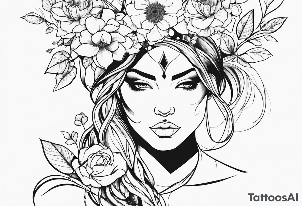 Powerful sexy warrior woman with flowers and vines tattoo idea