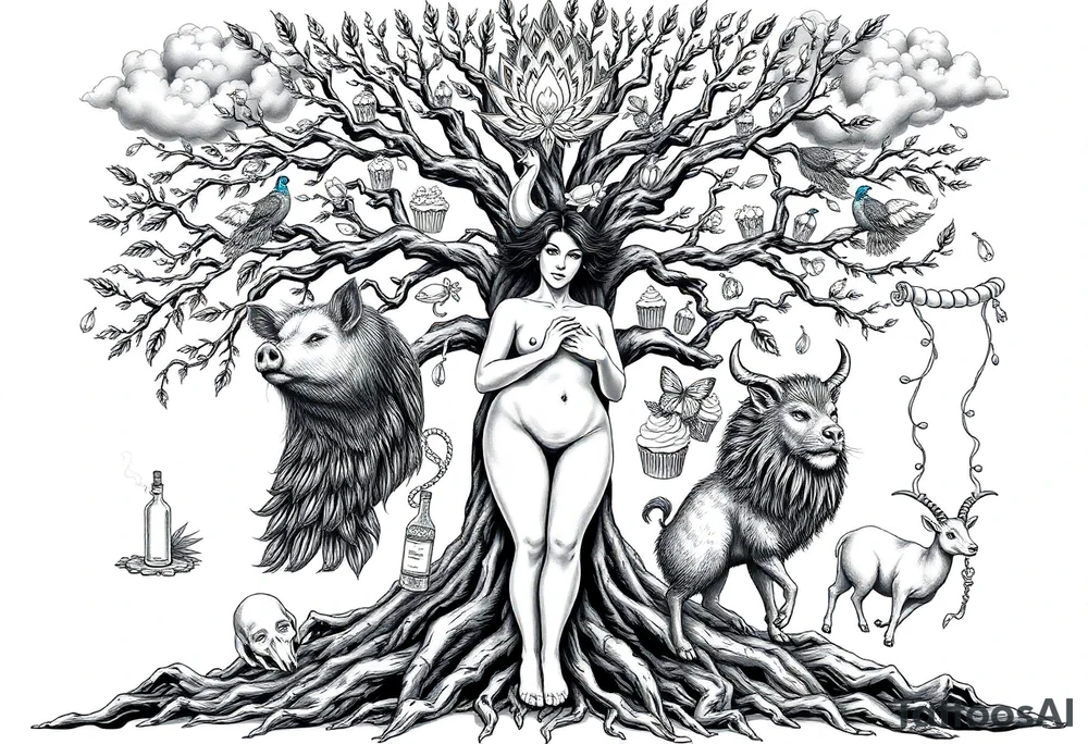 mystical tree of life with cosmic roots and celestial branches fat naked sexy woman , peacock , pig , cupcakes, liquor, cigerette, Storm clouds, pig, peacock , fat sexy naked fat woman, cupcakes, noose , money, goat lion, couple having sex, cigerette storm lightening, killing, darkness death, violent majestic creatures tattoo idea