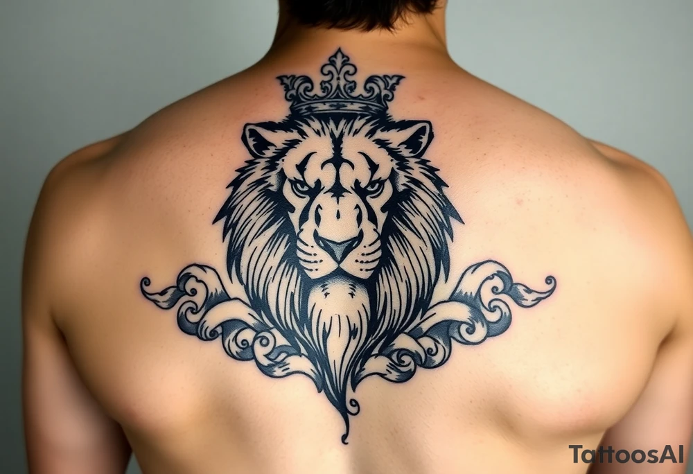 powerful majestic lion with a crown, surrounded by WAVES tattoo idea powerful majestic lion with a crown, surrounded by WAVES tattoo idea