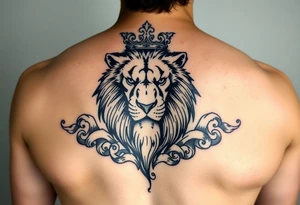 powerful majestic lion with a crown, surrounded by WAVES tattoo idea