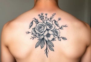 vintage bouquet of wild roses and meadow flowers with morning dew tattoo idea