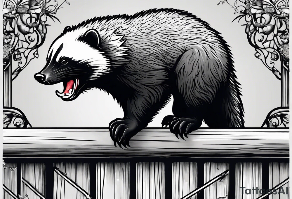 honey badger climbing up/over, claws near face, behind, on its back legs, looking over fence, full body, top view tattoo idea