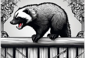 honey badger climbing up/over, claws near face, behind, on its back legs, looking over fence, full body, top view tattoo idea