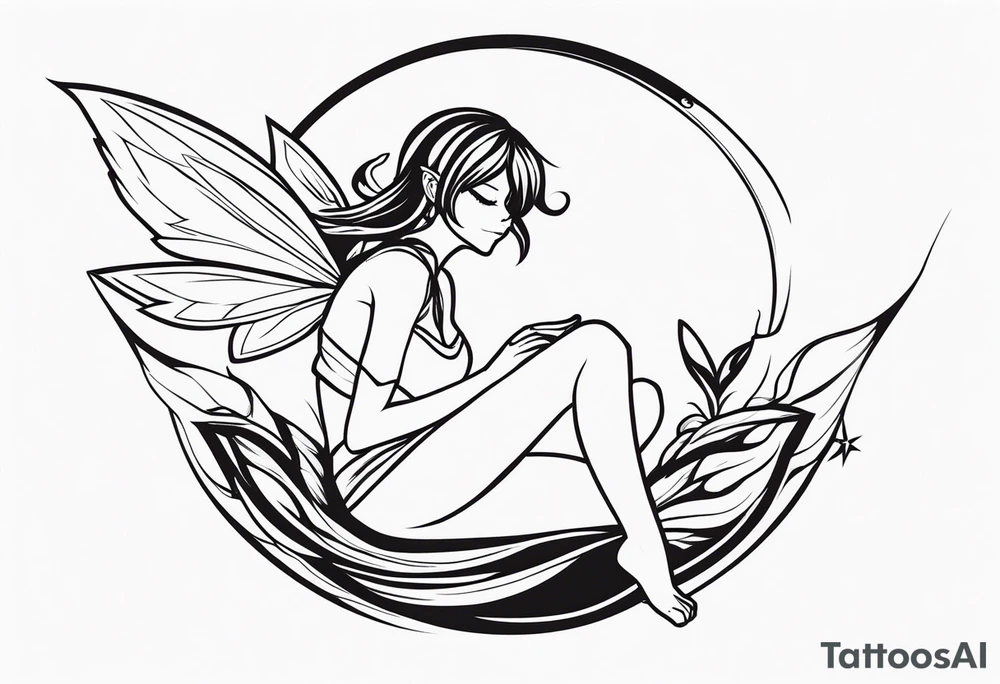 No color fairy with a tail inspired by the logo of the anime show called Fairy Tail in a fetal position leaning in and forward while in the air floating and sleeping tattoo idea