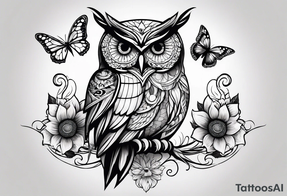Owl, butterfly and sunflower are sleeve tattoo idea