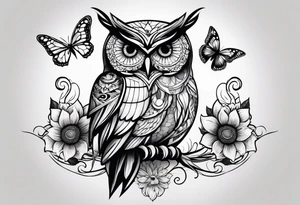 Owl, butterfly and sunflower are sleeve tattoo idea