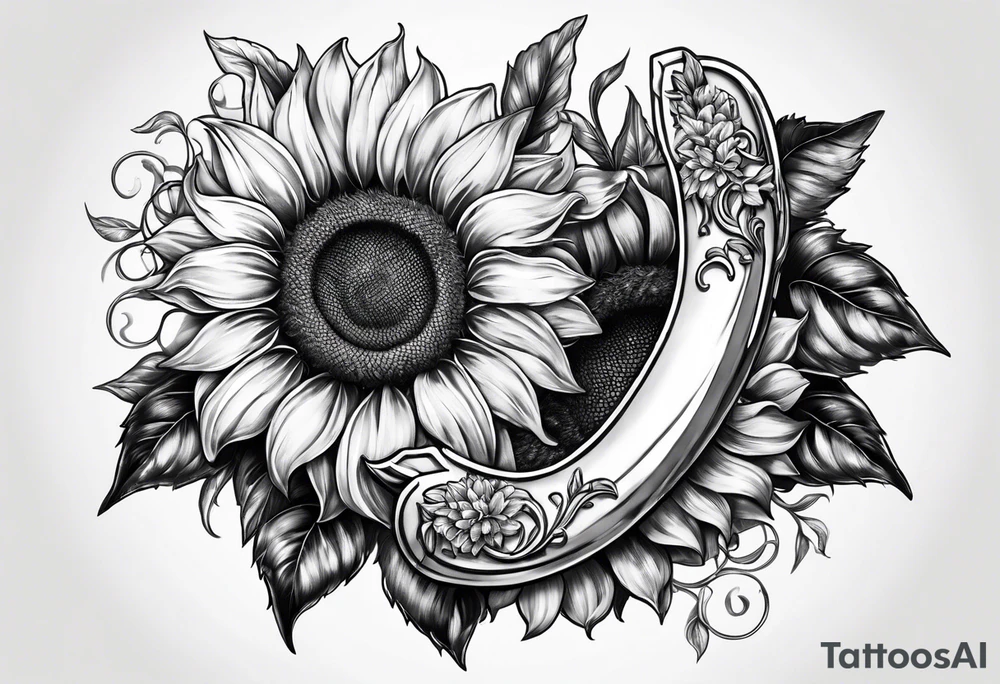 Realistic Horseshoe around a sunflower tattoo idea