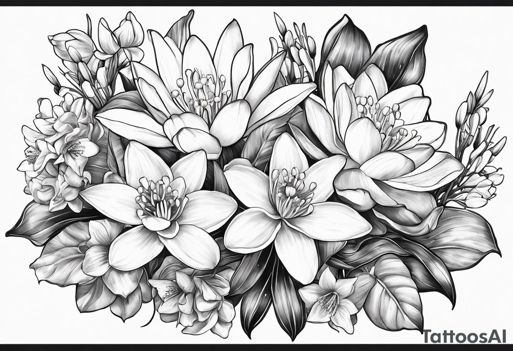 Water Lily, Lily of the Valley, Narcissus, and Gladiolus bouquet for vase tattoo idea
