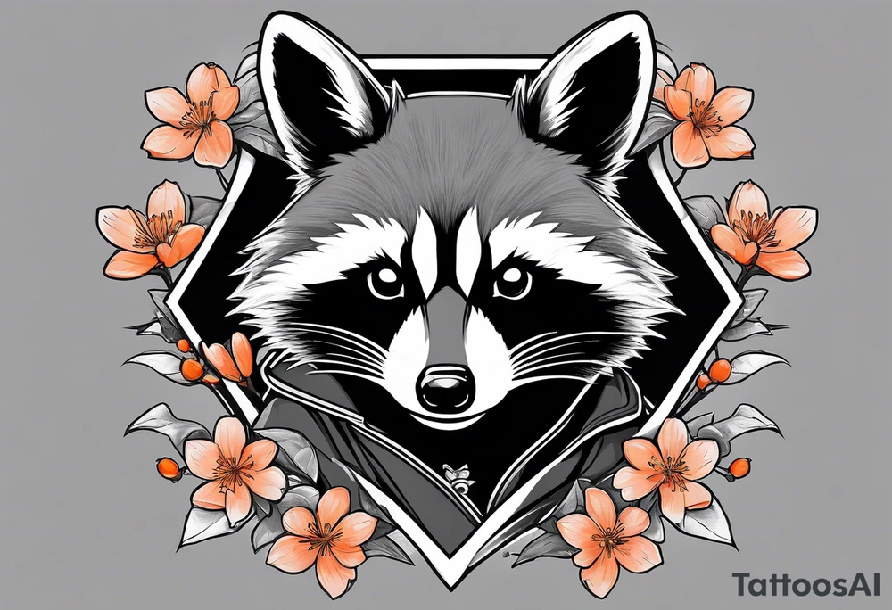 Raccoon wearing a white Superman logo on a black hoodie and orange Japanese cherry blossoms tattoo idea