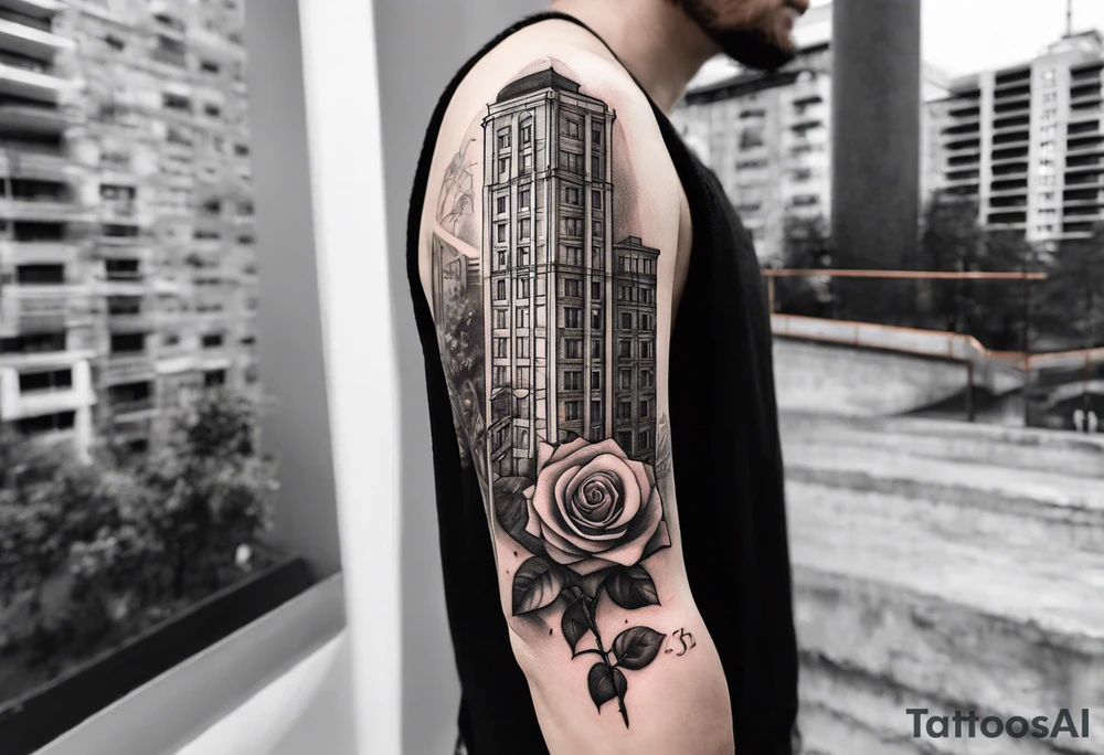 Rose growing from concrete with a 6 floor building in the background with 1570 address tattoo idea